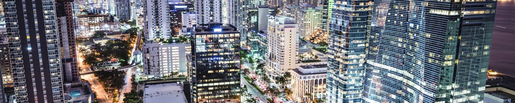 Miami, Florida, USA downtown nightt aerial cityscape at night.