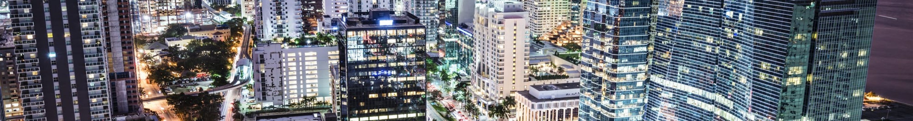 Miami, Florida, USA downtown nightt aerial cityscape at night.